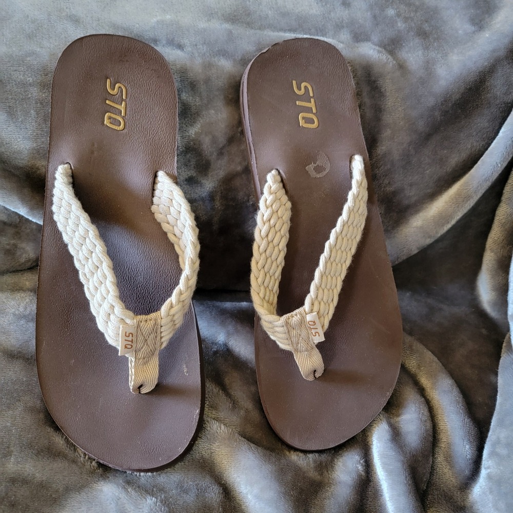 STQ Flip Flop Sandals Womens Brown Good Braided Rope Strap Beach Thong Shoes